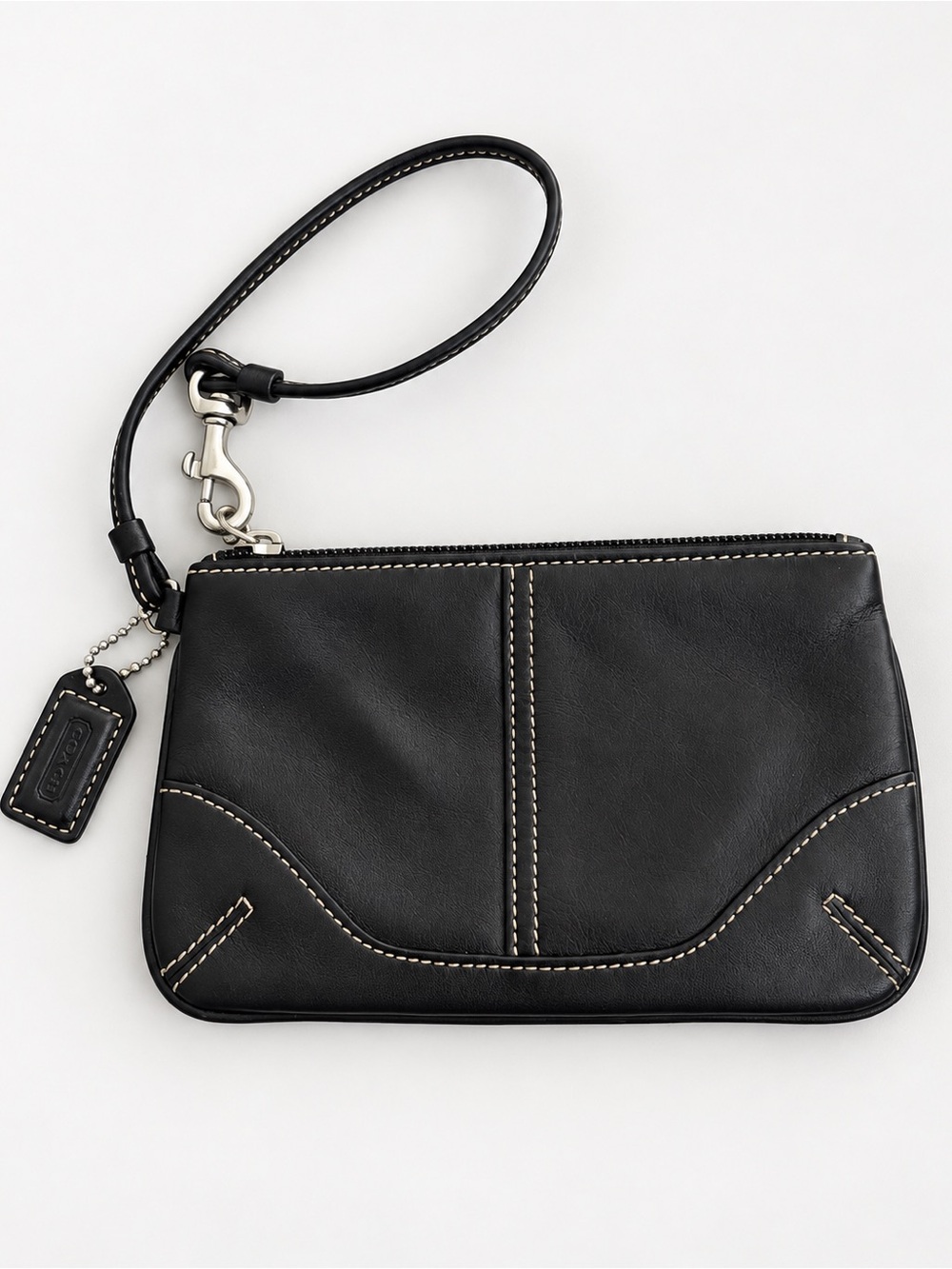 Coach Black Leather Wristlet Clutch Contrast Stitching